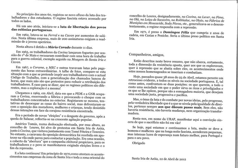<span><p>Folheto de homenagem aos ex-presos pol�ticos anti-fascistas de Santa Iria da Az�ia, de 22 de Abril de 2012.</p></span>