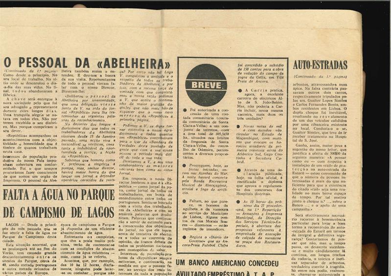 <span><p>Not�cia com o t�tulo “27 mil e 800 contos de indemniza��es para os oper�rios da Abelheira”, no Jornal Rep�blica, ano 62 (2�s�rie), n� 15 205, sexta-feira, 10 de Agosto de 1973. Not�cia na p�gina de capa, com continua��o na p�gina 16</p></span>