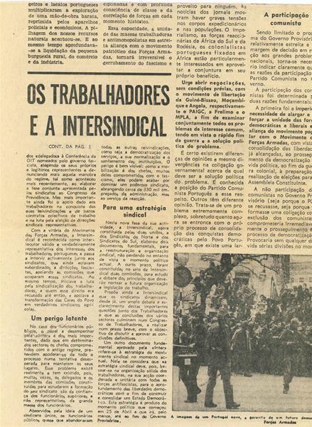 <span><p>Artigo do jornal Avante com o t�tulo “Os trabalhadores e a intersindical”, publicado na primeira edi��o do jornal Avante depois do 25 de Abril, de 27 de Maio de 1974, ano 44, s�rie VII.</p></span>