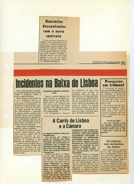 <span><p>V�rios recortes e not�cias relativos �s manifesta��es do sindicato dos banc�rios 18 de Junho de 1973.</p></span>