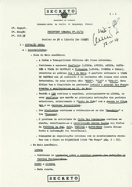 <span><p>Edi��o dos relat�rios da PIDE relativamente aos sectores potencialmente perigosos, no qual os banc�rios apareciam muito referenciados. Nos dia 9 de Abril, a 15 dias da Revolu��o o sindicato dos banc�rios promove uma reuni�o, no Clube art�stico de Torres Vedras. A reuni�o foi proibida e o controlo policial era t�o intenso que detectaram a chegada a esta cidade de 12 indiv�duos, provenientes de outras localidades transportados em autom�veis para participarem nessa reuni�o.</p></span>