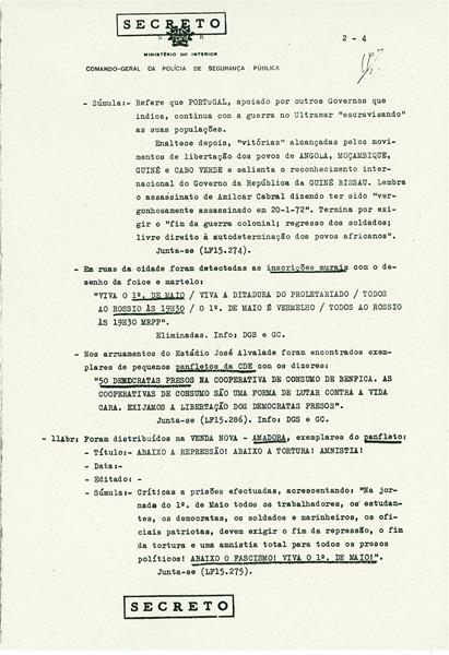 <span><p>Edi��o dos relat�rios da PIDE relativamente aos sectores potencialmente perigosos, no qual os banc�rios apareciam muito referenciados. Nos dia 9 de Abril, a 15 dias da Revolu��o o sindicato dos banc�rios promove uma reuni�o, no Clube art�stico de Torres Vedras. A reuni�o foi proibida e o controlo policial era t�o intenso que detectaram a chegada a esta cidade de 12 indiv�duos, provenientes de outras localidades transportados em autom�veis para participarem nessa reuni�o.</p></span>
