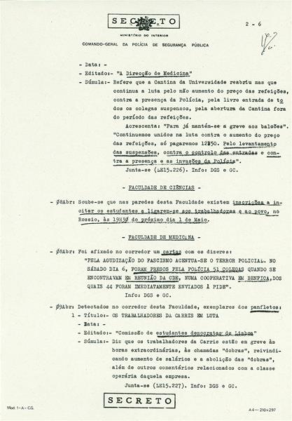 <span><p>Edi��o dos relat�rios da PIDE relativamente aos sectores potencialmente perigosos, no qual os banc�rios apareciam muito referenciados. Nos dia 9 de Abril, a 15 dias da Revolu��o o sindicato dos banc�rios promove uma reuni�o, no Clube art�stico de Torres Vedras. A reuni�o foi proibida e o controlo policial era t�o intenso que detectaram a chegada a esta cidade de 12 indiv�duos, provenientes de outras localidades transportados em autom�veis para participarem nessa reuni�o.</p></span>