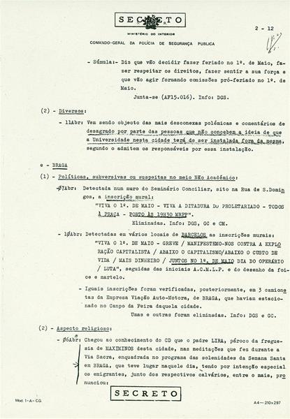 <span><p>Edi��o dos relat�rios da PIDE relativamente aos sectores potencialmente perigosos, no qual os banc�rios apareciam muito referenciados. Nos dia 9 de Abril, a 15 dias da Revolu��o o sindicato dos banc�rios promove uma reuni�o, no Clube art�stico de Torres Vedras. A reuni�o foi proibida e o controlo policial era t�o intenso que detectaram a chegada a esta cidade de 12 indiv�duos, provenientes de outras localidades transportados em autom�veis para participarem nessa reuni�o.</p></span>