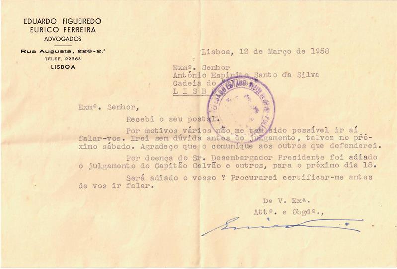 <span><p>Processo de abertura de Ant�nio Espirito Santo da Silva e de outros 8 jovens a 10 de Setembro de 1957.
Mandato de captura do contribuinte e despacho da instru��o do processo.
Telegrama do advogado de defesa.</p></span>