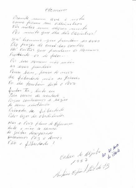 <span><p>Poema “Homem”, Aljube 1957, de autoria de Ant�nio Esp�rito Santo da Silva, escrito no per�odo em que esteve preso. O Sr. Ant�nio teria 20 anos � �poca.</p></span>