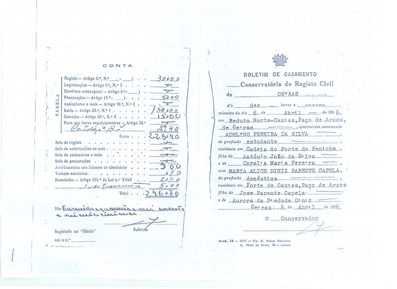 <span><p>V�rios documentos relativos � pris�o e casamento de Adelino Pereira da Silva: ficha individual da PIDE, boletim de casamento e carimbos de apresenta��o de Adelino Pereira Silva e da esposa.</p></span>