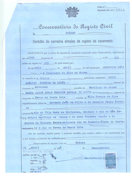 <span><p>V�rios documentos relativos � pris�o e casamento de Adelino Pereira da Silva: ficha individual da PIDE, boletim de casamento e carimbos de apresenta��o de Adelino Pereira Silva e da esposa.</p></span>