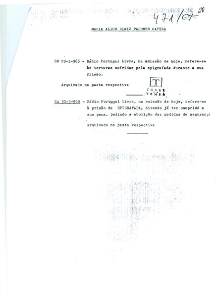 <span><p>Ficha da torre do Tombo de Maria Alice Dinis Parente Capela, esposa de Adelino Pereira da Silva.</p></span>