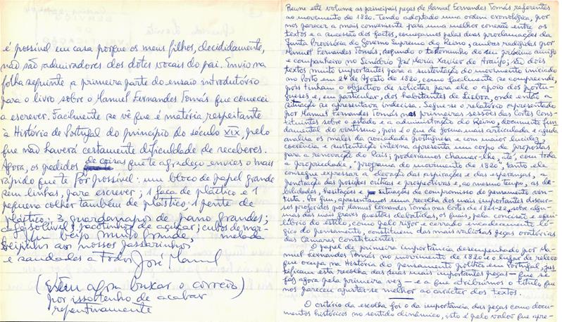 <span><p>Envelope e carta de Jos� Manuel Tengarrinha por ocasi�o da sua �ltima pris�o de 18 a 25 de Abril, dia em que foi liberto. Carta datada de 22 de Abril. Na segunda parte da carta escreve notas para um livro que tem inten��o de escrever nas quais fala de transforma��es no plano pol�tico e tomada de poder.</p></span>