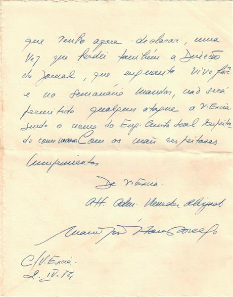 <span><p>Carta de Manuel Jos� Archer Homem de Mello para Francisco Cunha Leal, 2 de Abril de 1954.</p></span>