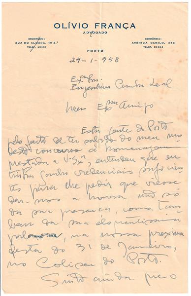 <span><p>Duas cartas do advogado Ol�vio Fran�a (Porto) para Francisco Cunha Leal.
Carta 1: 24 de Janeiro de 1958
Carta 2: 3 de Mar�o de 1967</p></span>
