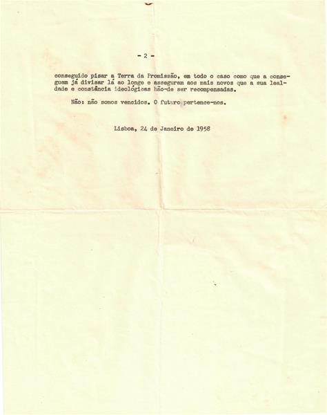 <span><p>Texto “Sauda��o aos democratas nortenhos, reunidos em Barcelos em festa comemorativa do movimentos de 31 de Janeiro”, Lisboa, 24 de Janeiro de 1958. N�o tem nome do autor, 2 p�ginas.</p></span>
