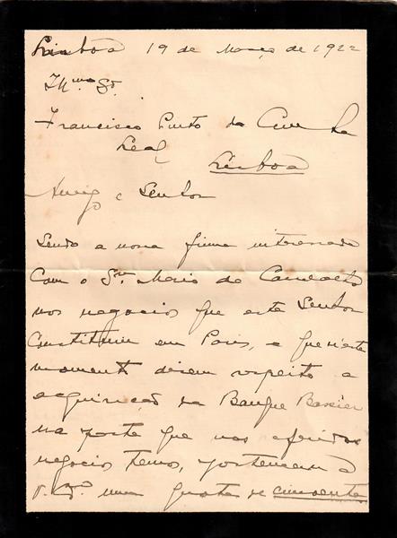 <span><p>Carta de Figueiredo de Sousa para Francisco Cunha Leal, Lisboa, 19 de Mar�o de 1922, 2 p�ginas.</p></span>