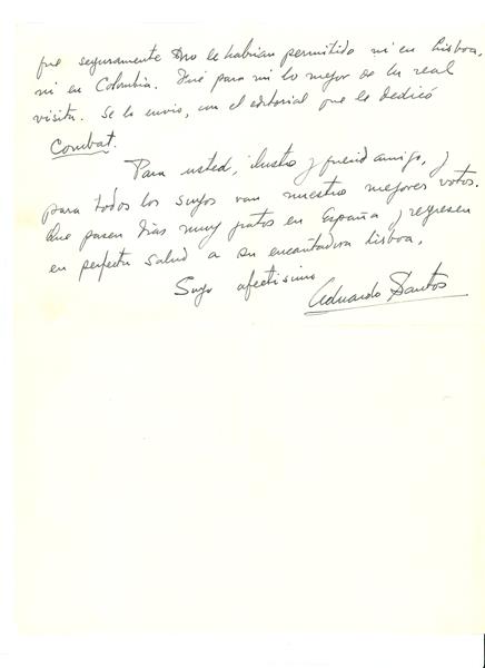 <span><p>Conjunto de correspond�ncia de Eduardo Santos para Francisco Cunha Leal:
1 ? 1 telegrama de Lisboa para Paris, 6 de Fevereiro de 1957. 1 p�gina.
2 ? 1 carta, Paris, 10 de Abril de 1957. 3 p�ginas
3 ? 1 carta, Paris 4 de Abril de 1958, 2 p�ginas.
4 ? 1 carta, Paris, 28 de Maio 1958, 2 p�ginas.
5 ? um conjunto de 3 p�ginas de correspond�ncia. As cartas est�o incompletas. Somente 1 carta tem data (Paris, 19 de Outubro de 1959).</p></span>