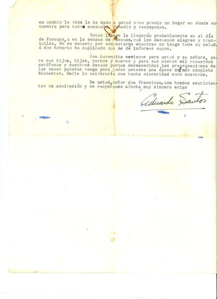 <span><p>Conjunto de correspond�ncia de Eduardo Santos para Francisco Cunha Leal:
1 ? 1 telegrama de Lisboa para Paris, 6 de Fevereiro de 1957. 1 p�gina.
2 ? 1 carta, Paris, 10 de Abril de 1957. 3 p�ginas
3 ? 1 carta, Paris 4 de Abril de 1958, 2 p�ginas.
4 ? 1 carta, Paris, 28 de Maio 1958, 2 p�ginas.
5 ? um conjunto de 3 p�ginas de correspond�ncia. As cartas est�o incompletas. Somente 1 carta tem data (Paris, 19 de Outubro de 1959).</p></span>