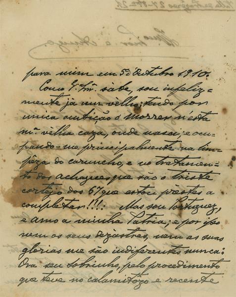 <span><p>Carta de Aur�lio Pinto Castello Branco, sem destinat�rio, Valle de Prazeres, 27 de Outubro de 1921, 4 p�ginas.</p></span>