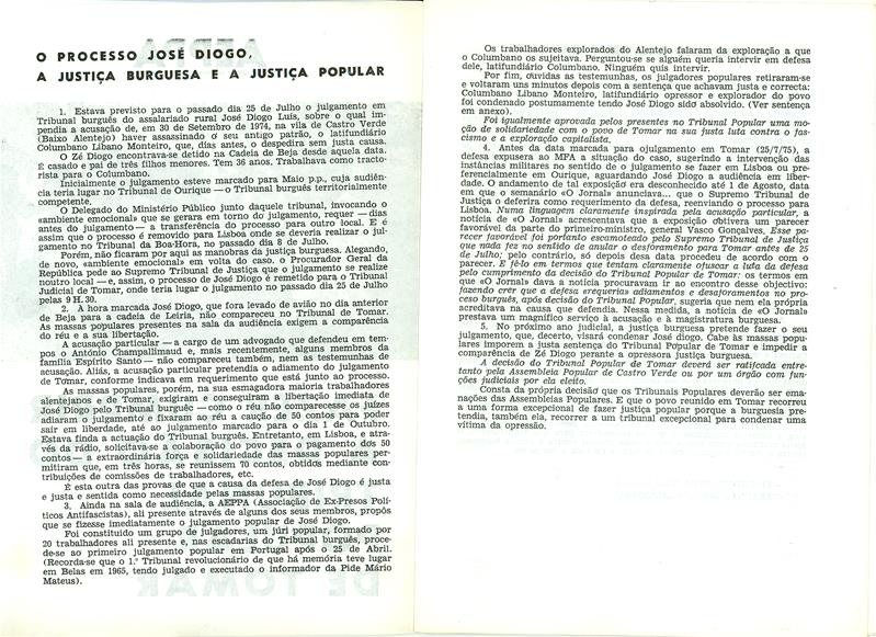 <span><p>Folheto subversivo “Fazer cumprir a decis�o do Tribunal Popular de Tomar”. Autor: AEPPA (Associa��o de Ex-presos pol�ticos antifascista).</p></span>