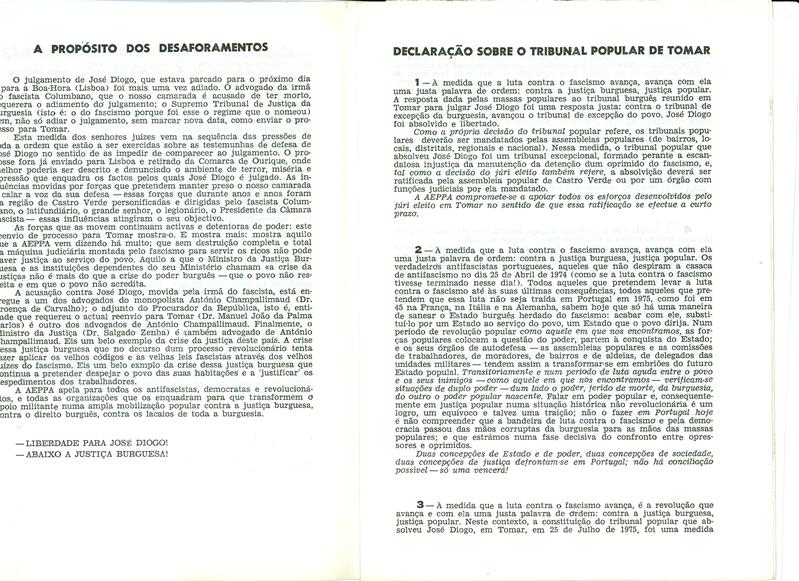 <span><p>Folheto subversivo “Fazer cumprir a decis�o do Tribunal Popular de Tomar”. Autor: AEPPA (Associa��o de Ex-presos pol�ticos antifascista).</p></span>