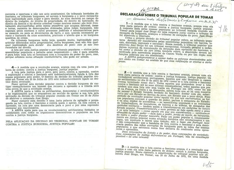 <span><p>Folheto subversivo “Fazer cumprir a decis�o do Tribunal Popular de Tomar”. Autor: AEPPA (Associa��o de Ex-presos pol�ticos antifascista).</p></span>