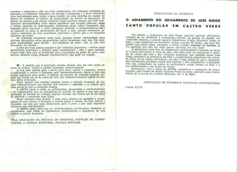 <span><p>Folheto subversivo “Fazer cumprir a decis�o do Tribunal Popular de Tomar”. Autor: AEPPA (Associa��o de Ex-presos pol�ticos antifascista).</p></span>