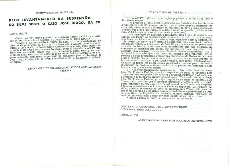 <span><p>Folheto subversivo “Fazer cumprir a decis�o do Tribunal Popular de Tomar”. Autor: AEPPA (Associa��o de Ex-presos pol�ticos antifascista).</p></span>