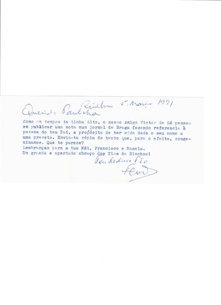 <span><p>Conjunto de cartas pessoais do pai para Paula dos Santos e para a irm� Manuela Isabel Queiroz Marques. Dos anos 50 at� 1958.</p></span>