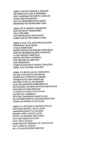 <span><p>Dois poemas de Rog�rio dos Santos, "A d�r da Na��o que Abril n�o cantou. Abril � sempre Abril" escrito em Junho 1974. e "Cravos da Revolu��o", escrita no final de 2014.</p></span>