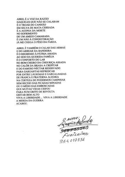 <span><p>Dois poemas de Rog�rio dos Santos, "A d�r da Na��o que Abril n�o cantou. Abril � sempre Abril" escrito em Junho 1974. e "Cravos da Revolu��o", escrita no final de 2014.</p></span>