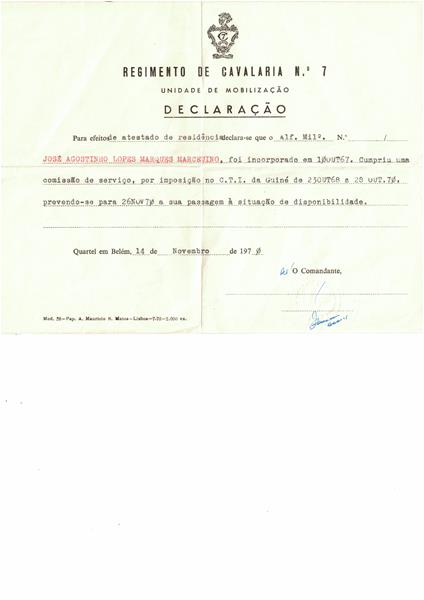 <span><p>Dois documentos oficiais: declara��o do regimento de cavalaria n�7 de 14 de Mar�o de 1970 e  lista do material quando entrou no quartel ? 10 de Outubro de 1967.</p></span>