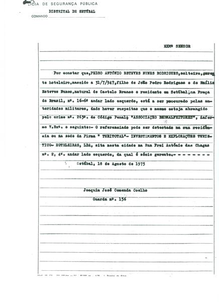 <span><p>Telegrama do regimento de infantaria de Set�bal que indica que a deten��o foi ordenada pelo COPCON. Resposta ao processo por parte do pr�prio com a sua defesa.</p></span>