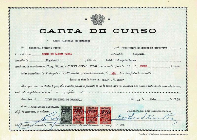 <span><p>Carta de Curso do Liceu Nacional de Bragan�a, de 11 de maio de 1978.</p><p><span>Cr�ditos: A4</span></p></span>