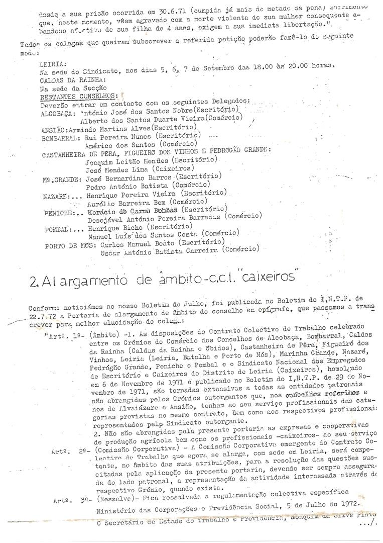 <span><p>Documento composto por tr�s sec��es distintas. A primeira  procura informar a morte de Helena Cabrita, esposa do dirigente sindical Daniel Cabrita, que estaria preso no Forte de Peniche. Foi assinada uma mo��o que exigia a sua imediata liberta��o. A segunda sec��o refere a publica��o de uma Portaria no Boletim do INTP de 22/7/72. Por sua vez, a �ltima mostra o poema "Levanta Companheiro".</p></span>