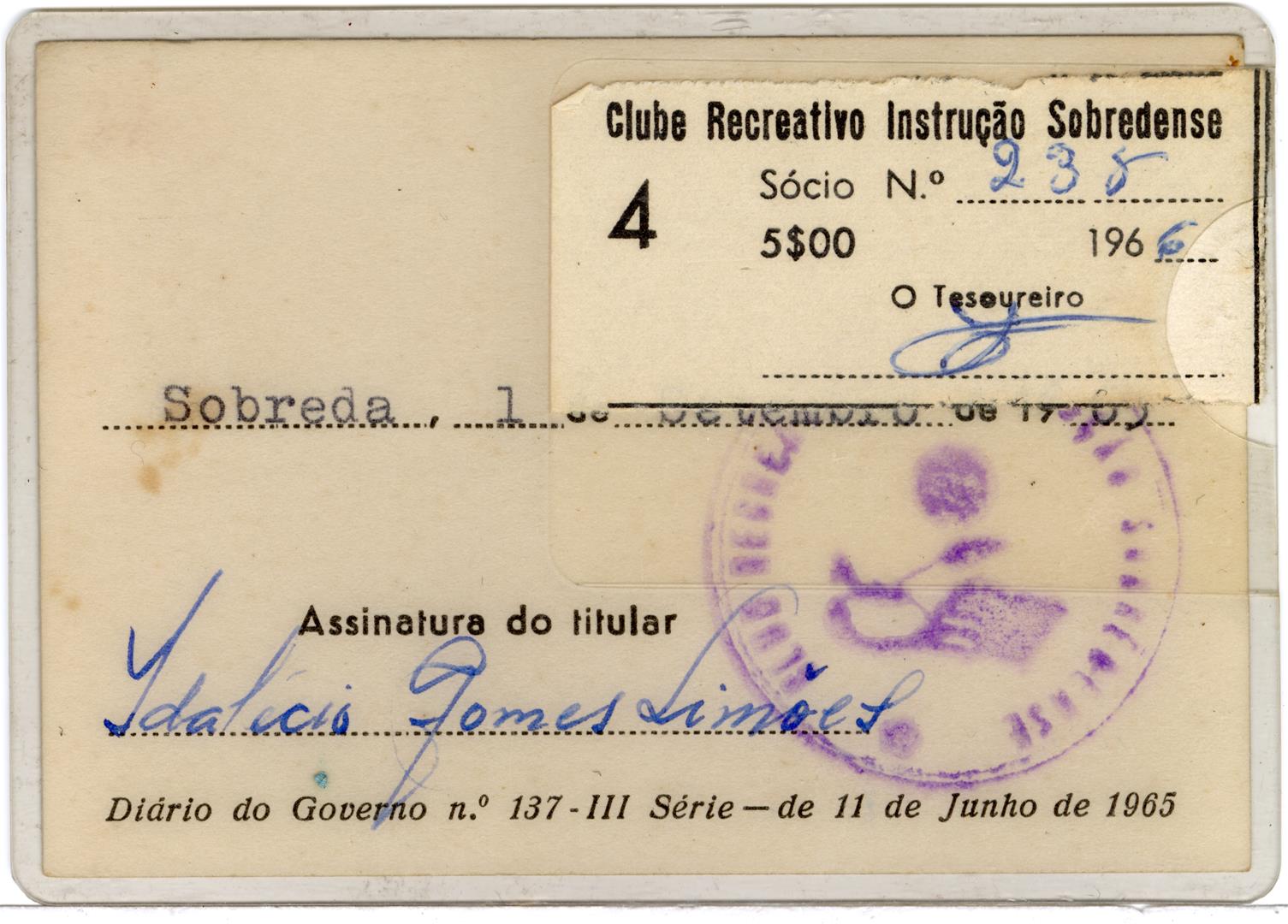 <span><p>Cart�o de S�cio do Clube Recreativo da Sobreda de Idal�cio Sim�es</p></span>